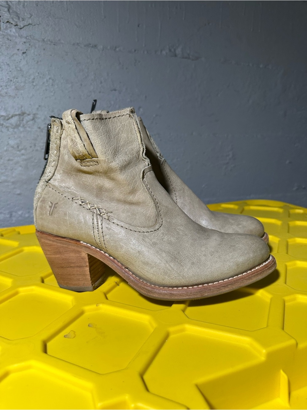 Frye Women’s Tan Leather Ankle Booties with Wood Heel